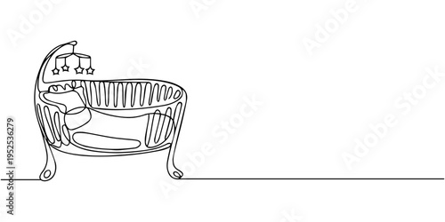 baby cradle or cot continuous one line drawing, baby stroller, baby carrier, bed, mobile and horse toy one line art. Continuous line drawing of childhood, safety, protection, crib. one line Icon draw