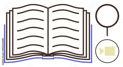 Research, education, learning, knowledge sharing, media content, visual storytelling. Open book accompanied by a magnifying glass and video camera icons. Research and education visually
