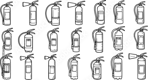Black and White Line Art Set of Fire Extinguishers, Safety Equipment Icons