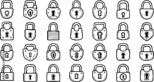 Black and White Line Art of Various Padlocks, Security Icons, Vector Collection