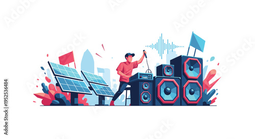 A man is singing into a microphone next to large speakers and solar panels in a stylized city setting.