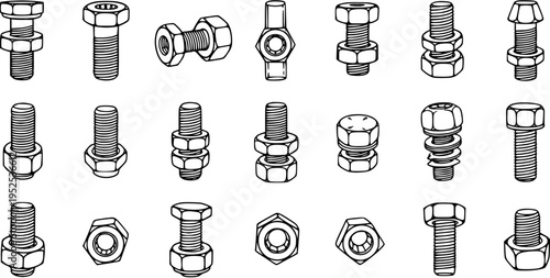 Industrial Engineering Fasteners Line Art Set: Black and White Icons of Bolts, Nuts, and Screws for Mechanical Design and Construction Projects.
