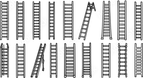 Diverse Ladders Black and White Line Art Vector Icons Set for Construction, DIY, Safety, and Ascent Concepts