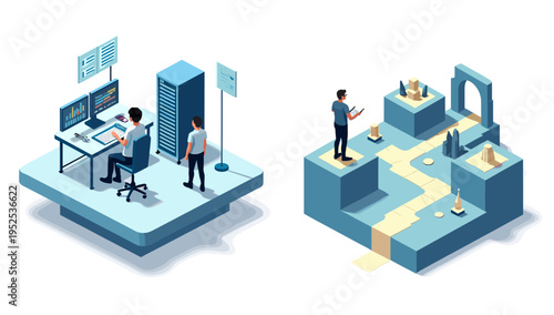 This illustration depicts a focused professional working at a computer, ideal for representing modern workplaces, technology integration, and digital 