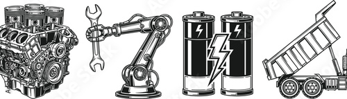 Black and white industrial illustration set featuring combustion engine, robotic arm with wrench, energy batteries, and heavy-duty dump truck symbolizing automotive, construction, robot