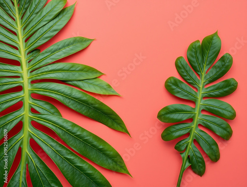 Two green tropical leaves positioned on a solid vibrant coral pink background