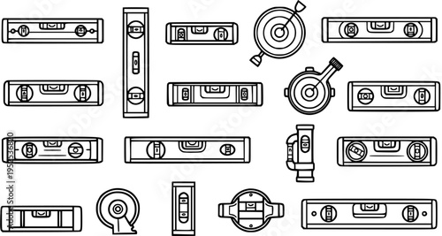 Construction  DIY Tools: Black  White Line Art Vector Icon Set of Spirit Levels, Bubble Levels, and Measuring Instruments for Building  Carpentry