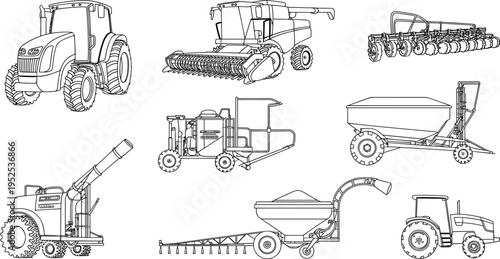 Black and white line illustration showing eight different agricultural machinery types including tractors, harvesters, planters, sprayers, and grain carts used in modern farming operations.