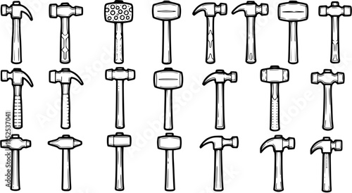 Construction Industry Hammer Tools Line Art Vector Set. Black and White Hand-drawn Outline Collection of Various Hammer Types for Carpentry, Building, and DIY Projects.