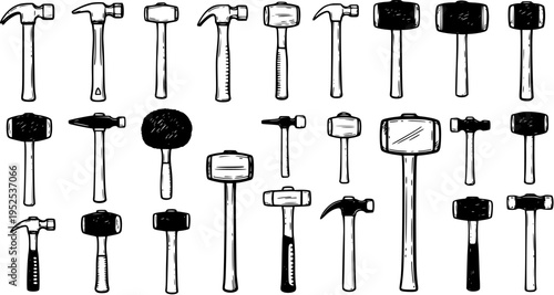 Black and White Line Art Collection of Assorted Hammers, Tools for Construction and Craftsmanship