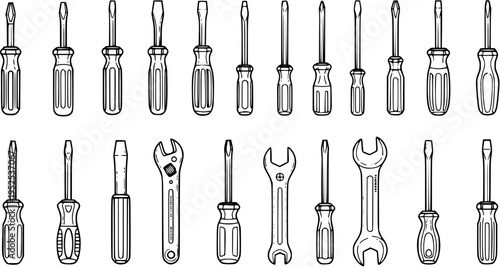 Construction and DIY Hand Tools Black  White Line Art Vector Icons Set. Outline collection of screwdrivers, wrenches, and workshop equipment.