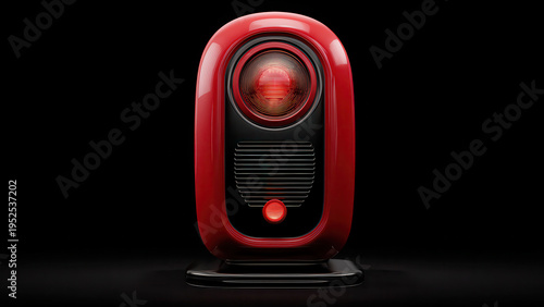 A vibrant red and black retro-futuristic device, possibly a speaker or heater, glows with red light, commanding attention.