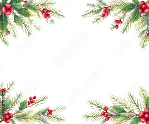 Watercolor christmas frame with green pine branches and red holly berries on white background