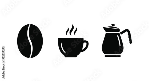 Coffee bean cup and pot icons presented as a dark silhouette