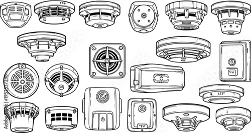 Fire Safety and Security Systems Outline Icons: Collection of Various Smoke Detectors and Fire Alarms in Black  White Line Art Style