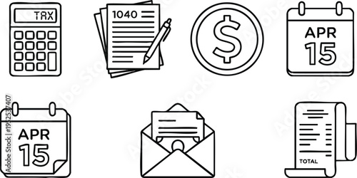 Set of financial and tax icons in thin line style