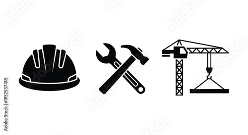 Construction tools and equipment depicted in a bold black silhouette