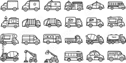Line Art Transportation Vehicles Icon Set. Black and White Outline Collection of Cars, Trucks, Buses, Public Service, and Construction Vehicle Illustrations.