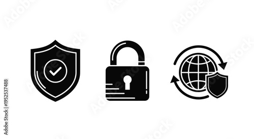 Security icons depicting protection padlock and global connection silhouette