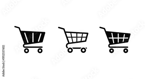 Three black shopping carts displayed in a simple vector silhouette