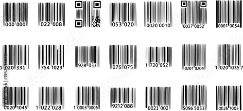 Barcode and QR Code Collection. Black  White Vector Line Art Icons for Retail, Business, Technology, Inventory, Logistics, and Product ID.