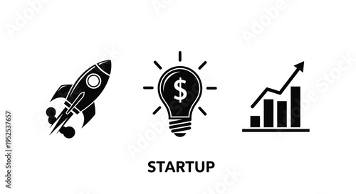 Startup icons representing growth ideas and finance a silhouette
