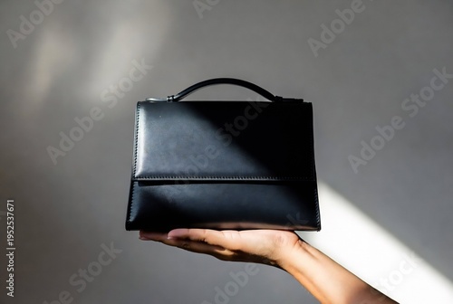 A black leather handbag is being held by a hand. It’s set against a gray background with light casting shadows.
