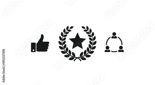 Three black icons representing success teamwork and approval silhouette