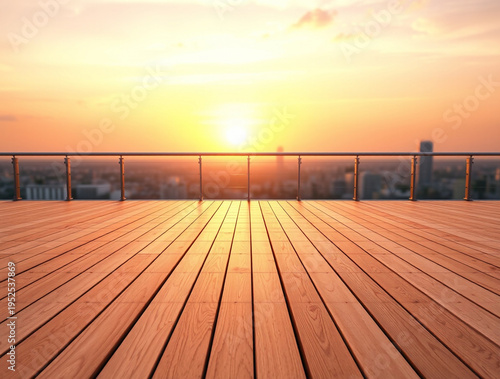 Wooden deck terrace overlooking a city skyline during a golden sunset with metal railings and warm light reflections