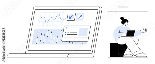 Business analytics, data visualization, digital tools, remote work, teamwork, training. Laptop screen showing charts and data with a woman working remotely beside it. Business analytics and data