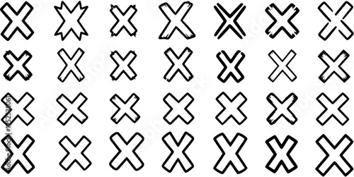 Hand-drawn X Marks and Crosses Vector Collection for Design, UI, Education, and Feedback - Black  White Doodle Line Art Symbols