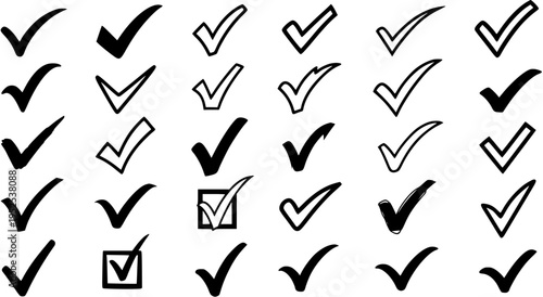 Hand-drawn checkmarks in black and white line art, a set of icons for verification and approval
