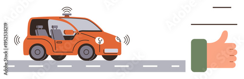 Autonomous vehicles, futuristic technology, smart transportation, mobility solutions, AI systems, innovation. A self-driving car on a road emitting wireless signals with a thumbs-up gesture nearby