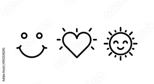 Simple line art icons of a smile heart and sun silhouette