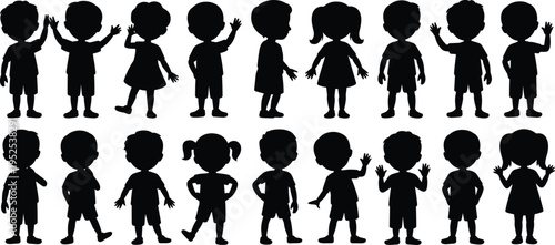 Kids silhouette set, boys and girls waving standing poses, cute child figures, black vector illustration isolated on white background
