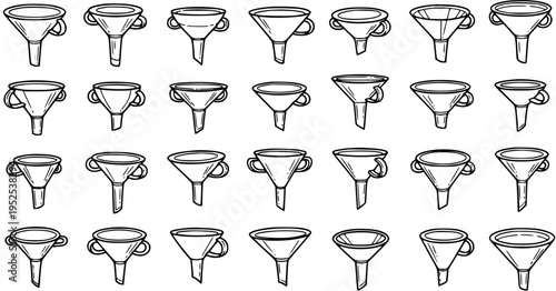 Various Kitchen and Laboratory Funnels Hand Drawn Doodle Line Art Set. Black and White Icons for Household Pouring Tools and Scientific Equipment.