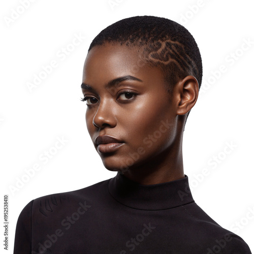 Black woman portrait hairstyle of a beautiful young female with short buzzed hair isolated on a transparent background