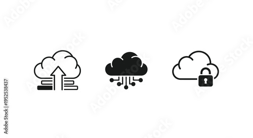 Cloud computing icons depicting data transfer and security silhouette
