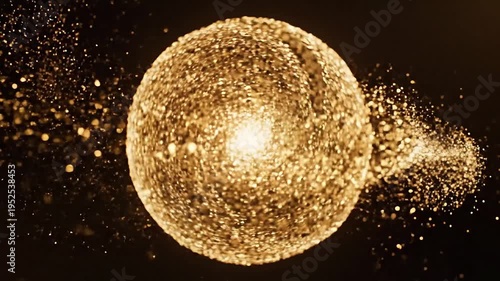 Glowing gold sphere with sparkling particles on dark background