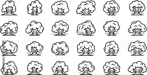 Black and white line art icons of mushroom clouds, symbolizing nuclear explosion or atomic bomb