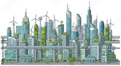 Eco-friendly futuristic cityscape with green buildings, wind turbines, and solar panels.