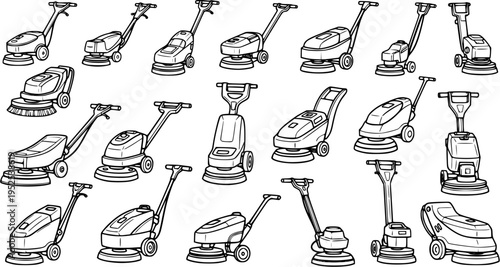 Black and White Line Art Illustration of Various Floor Scrubbers and Polishers
