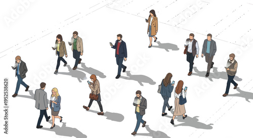 Diverse crowd of people walking and using smartphones in urban environment