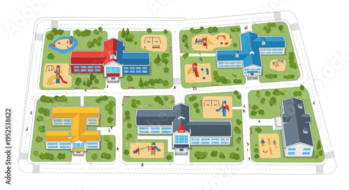 Aerial View of a Suburban Neighborhood with Schools and Playgrounds