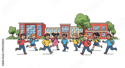 Diverse kids running happily outside elementary school building, excited for recess