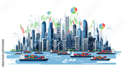 Global Trade and Finance: Cargo Ships in City Harbor with Stock Market Charts