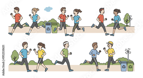 Diverse people jogging in park, healthy lifestyle, nature, recycling bins, windmill