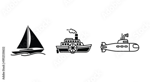 A collection of boats sailboat steamship and submarine silhouette