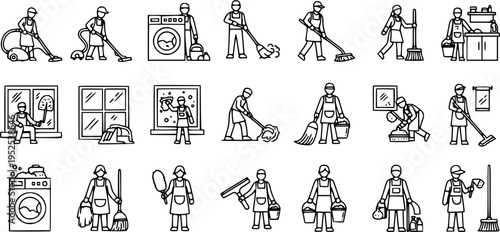 Cleaning Service Line Icons: Housekeeping and Janitorial Work Symbols, Black and White Vector Art