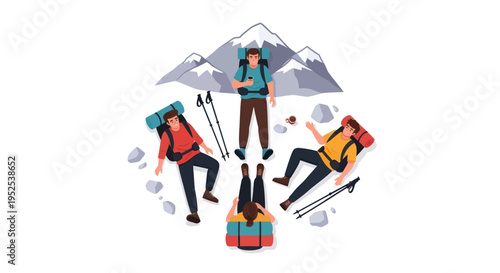 Diverse Hikers in Mountain Landscape: Resting, Standing, and Trekking